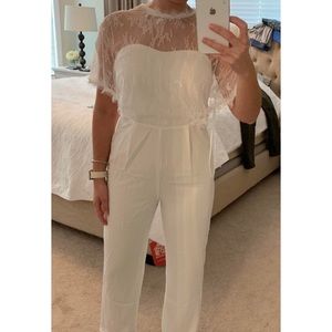 NWT white strapless jumpsuit w/ sheer lace sleeves